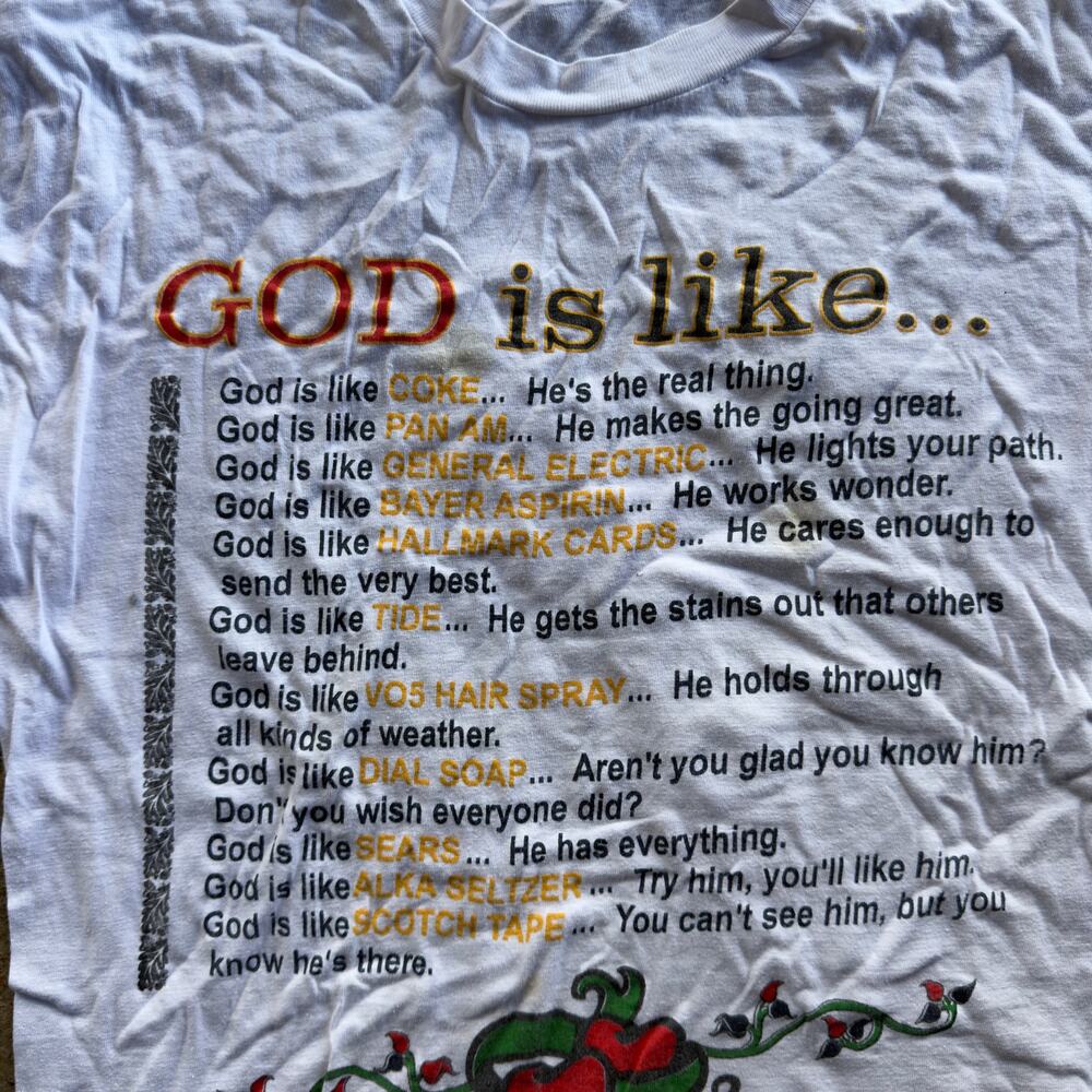 VINTAGE 90S GOD IS LIKE... HUMOR PARODY FUNNY TEE SHIRT CHRISTIANITY FITS MENS M